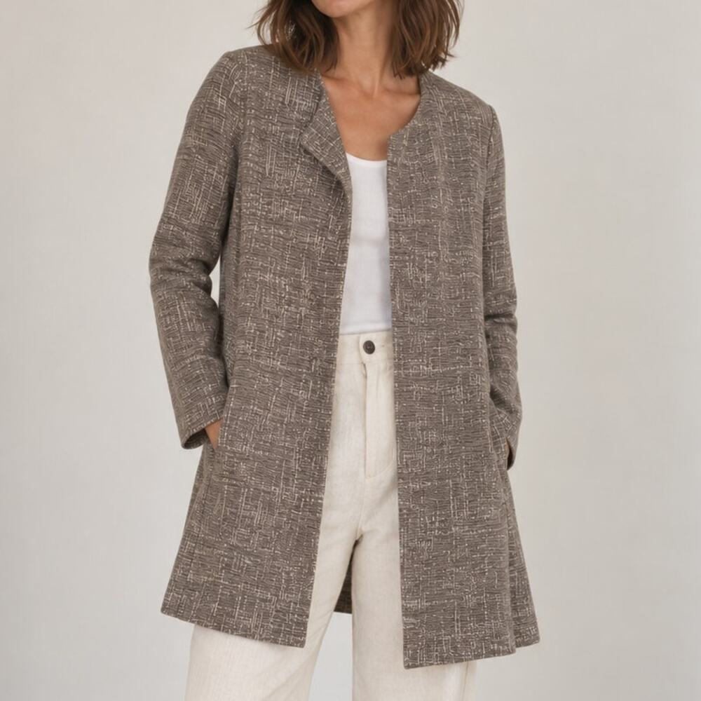 Eileen Fisher Textured Open Front Long Jacket Cardigan Gray Taupe Medium Pockets